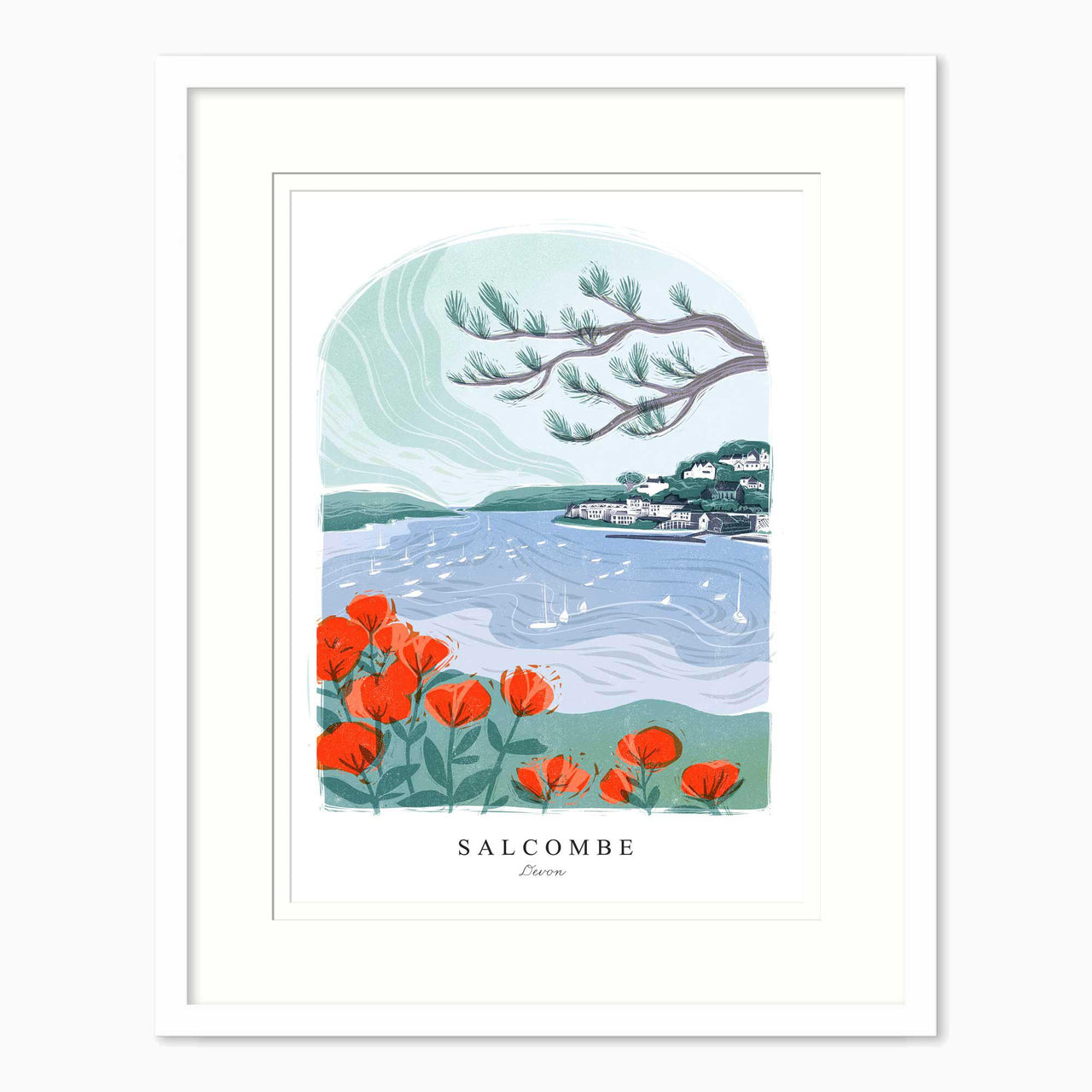 Framed Print-WF1241F - Salcombe Lino Small Framed Print-Whistlefish