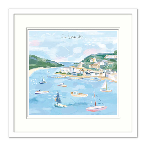 Salcombe Small Framed Print featuring a coastal illustration of boats in a blue harbour with hillside houses.