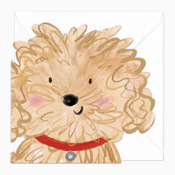 Scruffy the Puppy cut-out greeting card featuring a fluffy tan dog with a red collar and a white envelope.