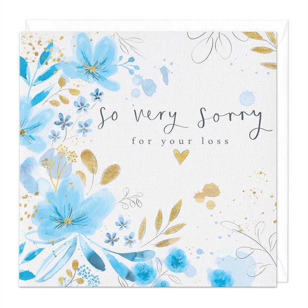 Sincere Sympathy Card featuring blue watercolour flowers, gold leaf accents, and the text So very sorry for your loss.