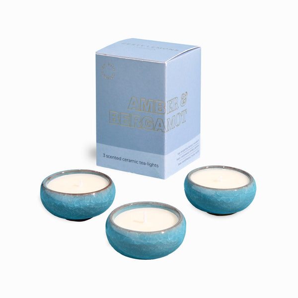 Sky Blue Tea Lights Amber & Bergamot - Whistlefish