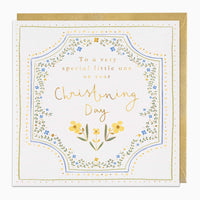 Special Little One Christening card with blue and yellow floral border, gold lettering, and a gold envelope.