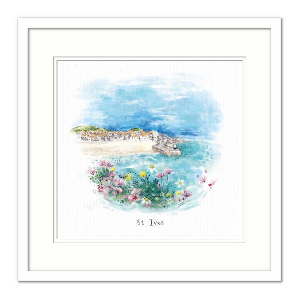 St Ives Dream View small framed print featuring a watercolour coastal scene with wildflowers and a white frame.
