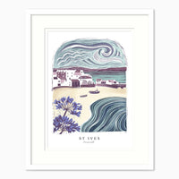 St Ives Lino Large Framed Print featuring a coastal scene with blue flowers, boats, and swirling sky in a white frame.