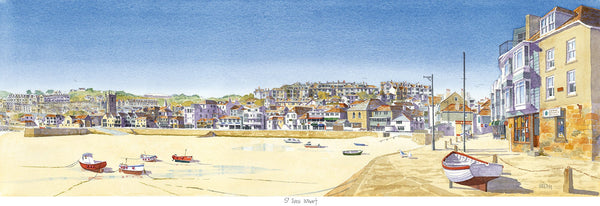 Watercolour panoramic art print of St Ives Wharf featuring a sandy beach, small colourful boats, and coastal town buildings.