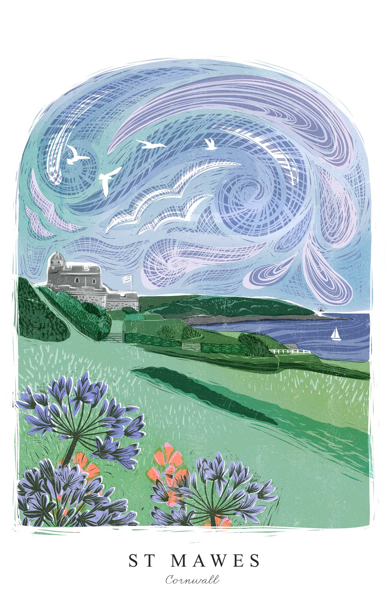 Framed Print-WF1243F - St Mawes Lino Small Framed Print-Whistlefish
