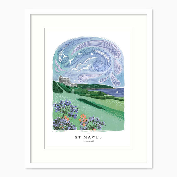 St Mawes Lino small framed print featuring a coastal landscape with blue swirling skies, green hills, and purple flowers.