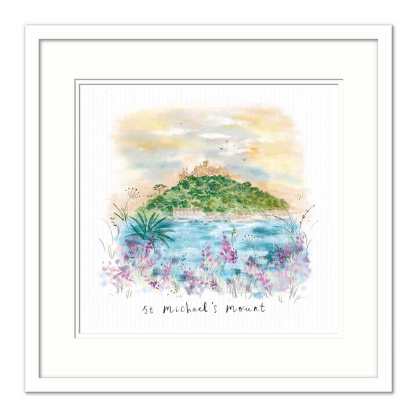 St Michael's Mount small framed print featuring a watercolour illustration of the island with pink flowers in a white frame.
