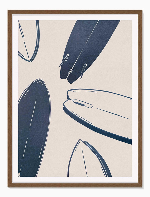 Surfboards Large Framed Print featuring navy blue surfboard illustrations on a neutral cream background in a wooden frame.