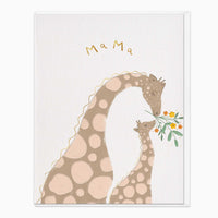 Thoughtful Giraffe Mum greeting card featuring an illustration of a mother and baby giraffe with yellow flowers.