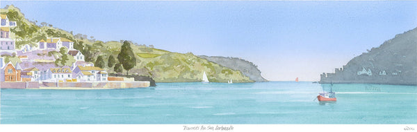 Watercolour landscape of Dartmouth featuring coastal houses, green hills, sailing boats, and a red fishing boat at sea.