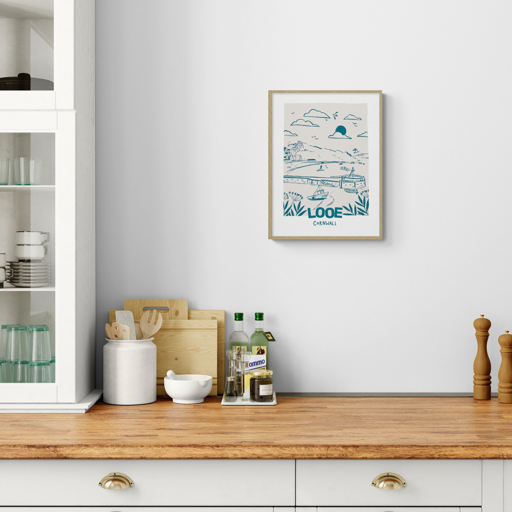 Looe Lino Print Small Framed Print - Whistlefish