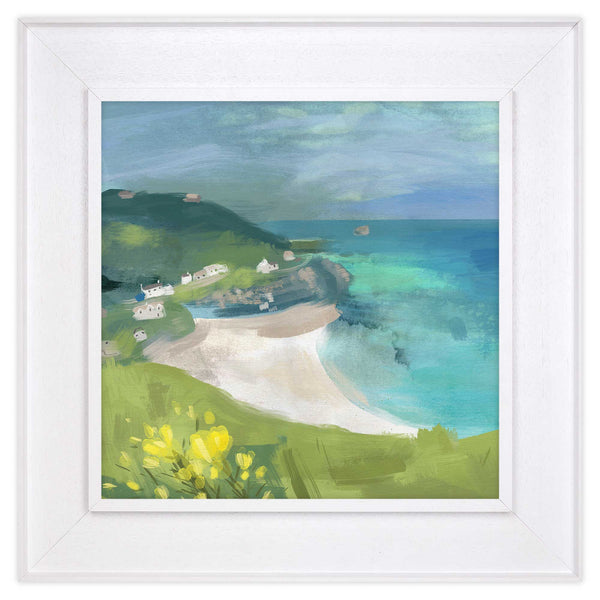 Trevaunance Trail Tray Framed Canvas featuring a coastal landscape with green hills, a sandy beach, and turquoise sea.