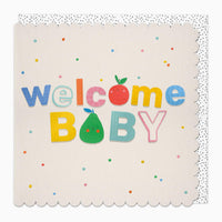 Welcome Baby scallop-edged greeting card with colourful fruit illustrations and confetti dots on a cream background.