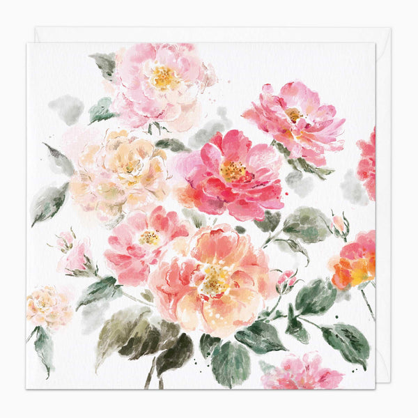 Wild Roses art card featuring a watercolour illustration of pink, peach, and yellow flowers with green leaves on white.