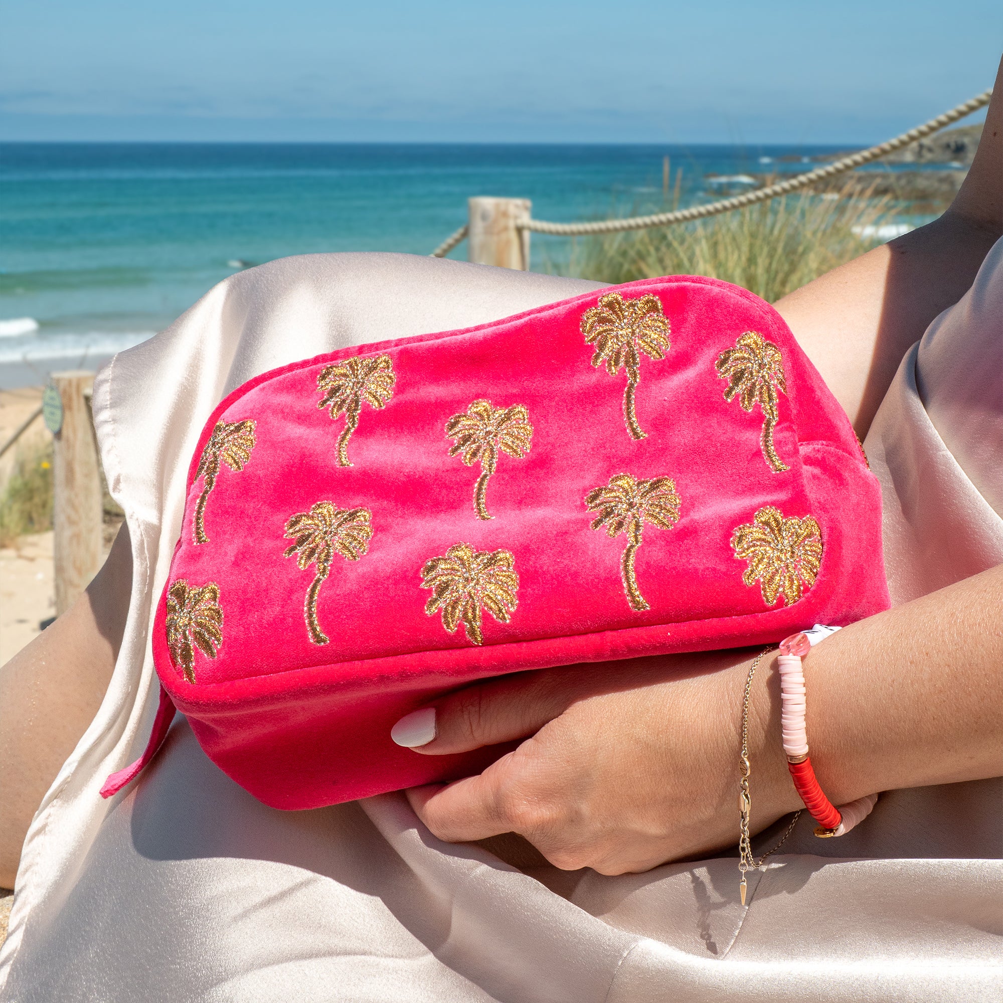 Makeup Bag-10843 - Gold Palm Pink Velvet Makeup Bag-Elizabeth Scarlett