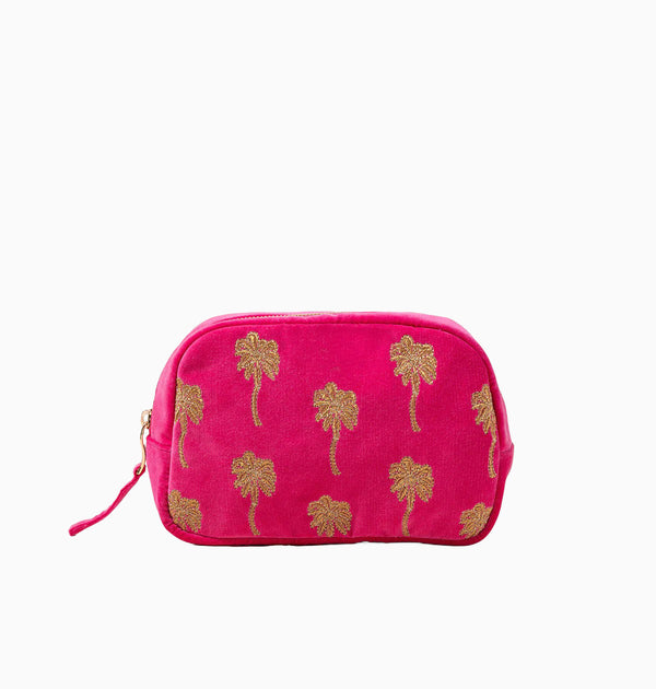 Makeup Bag-10843 - Gold Palm Pink Velvet Makeup Bag-Elizabeth Scarlett