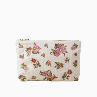 Floral Bouquet Stripe Everyday Pouch featuring pink embroidered flowers on a cream and blue striped fabric with a zip.