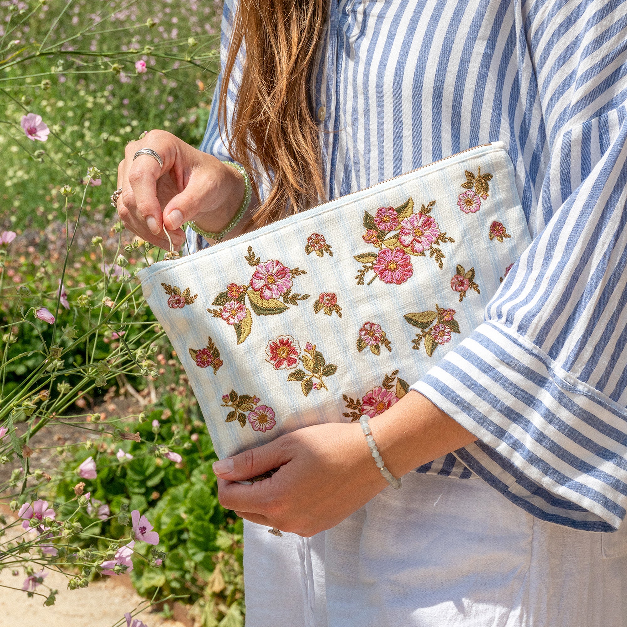 Pouch-16722 - Floral Bouquet Stripe Everyday Pouch-Elizabeth Scarlett