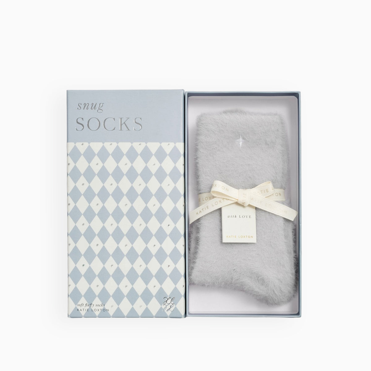 KLS814 - Fluffy Pale Grey Star Socks in Gift Box