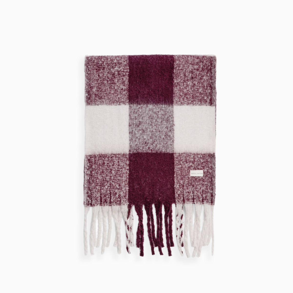 KLS849 - Checked Cherry and White Tassel Scarf