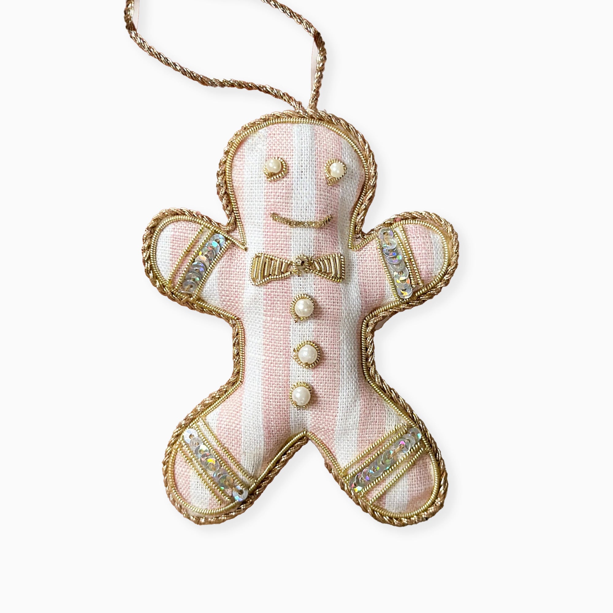 DGNGERBREAD01PNKWHT1 - Handmade Pink Stripe Linen Gingerbread Christmas Decoration
