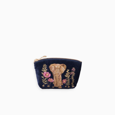 Botanical Elephant Velvet Coin Purse Navy - Whistlefish