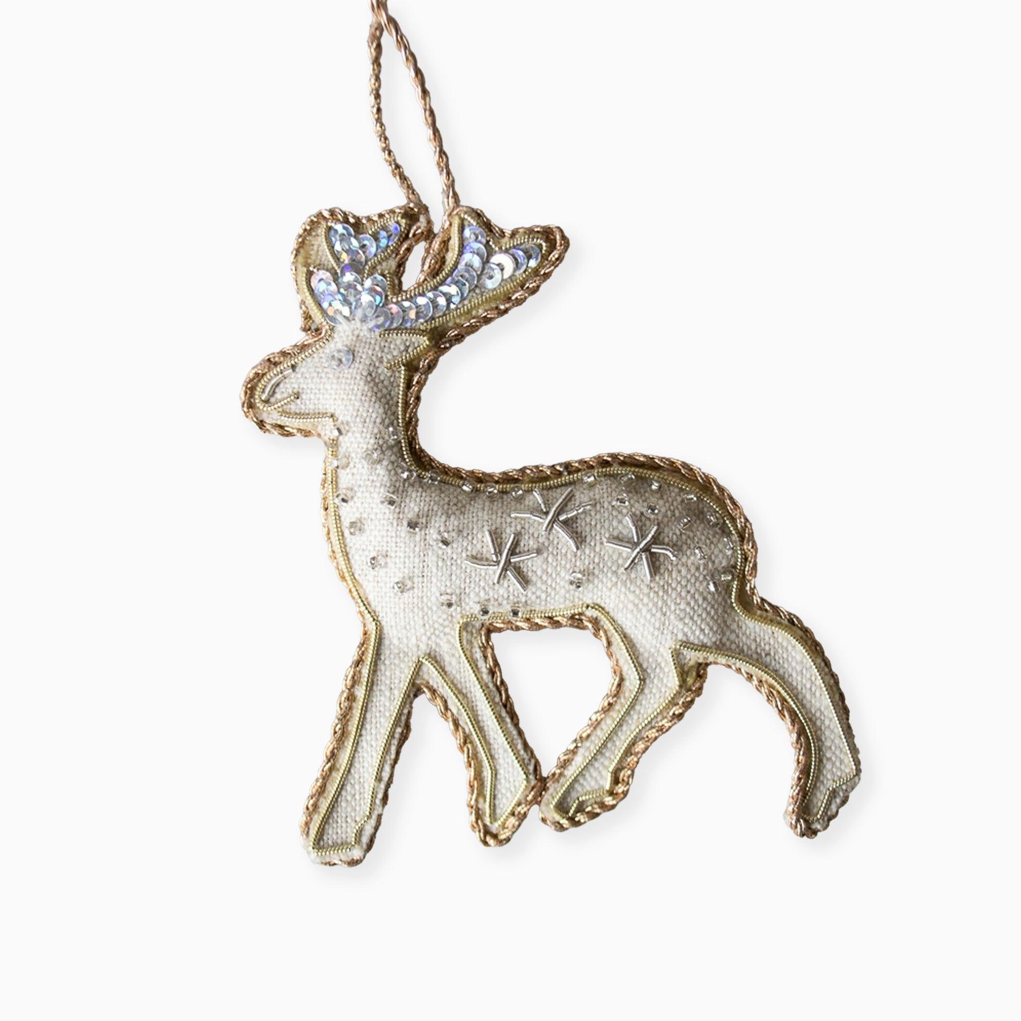 DRENDEER01NATL - Handmade Oatmeal Irish Linen Reindeer Holiday Ornament
