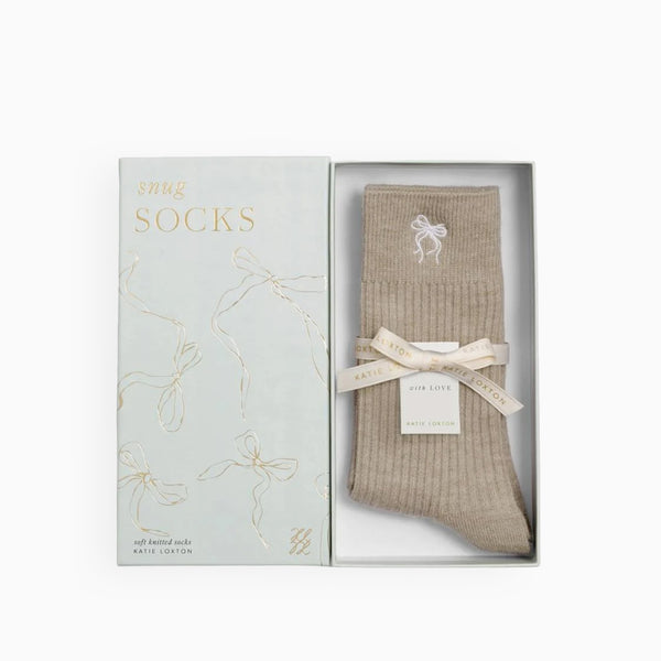 KLS816 - Ribbed Taupe Bow Socks in Gift Box