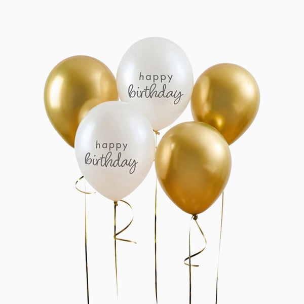 Balloons-HBBW108 - Gold & Pearl Happy Birthday 12" Balloons-Hootyballoo