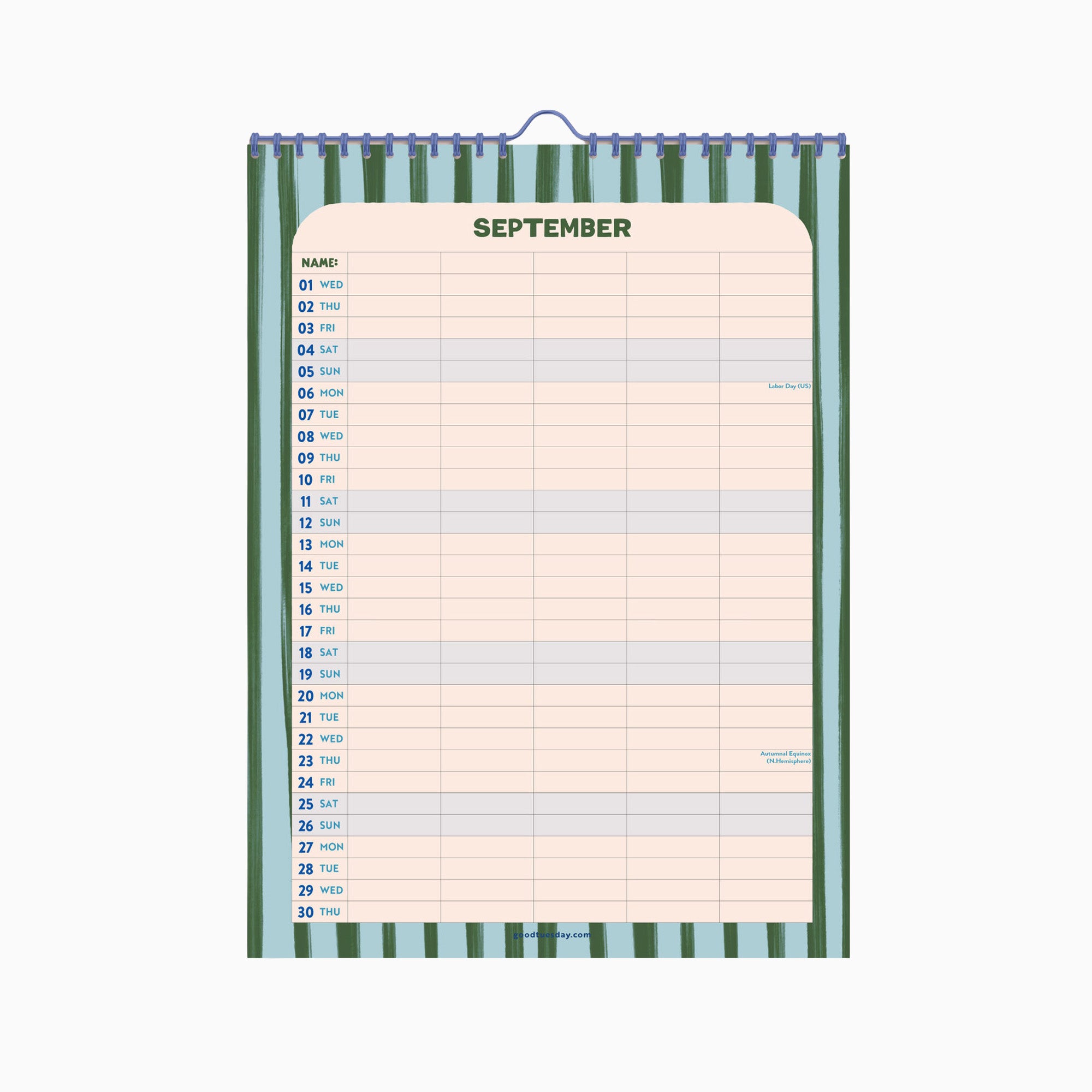 Calendar-CAL-FP-A3-COA - 2027 Costal Stripe Family Calendar-Good Tuesday