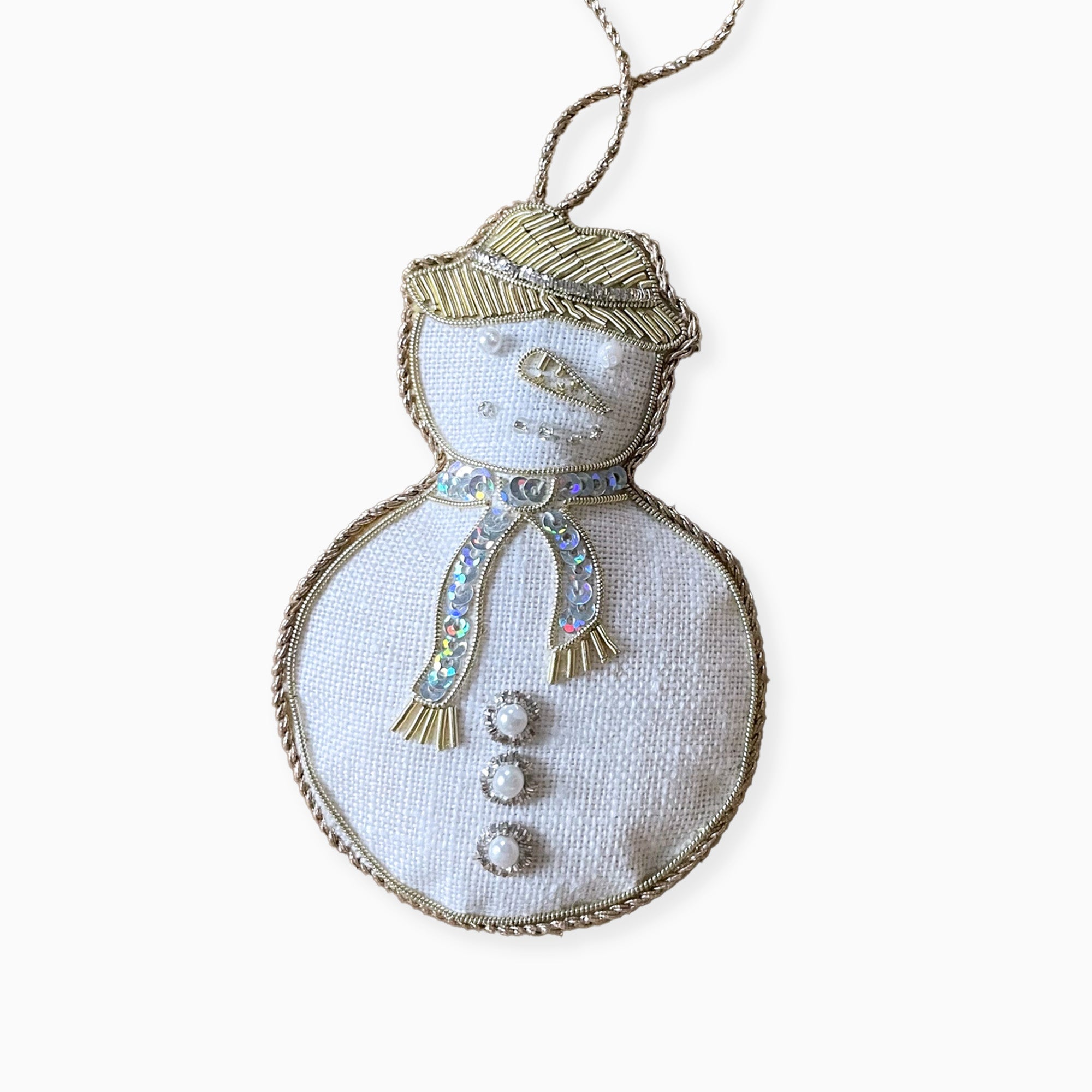 DSNWMAN01WHT1 - Handmade White Linen Snowman Holiday Tree Ornament