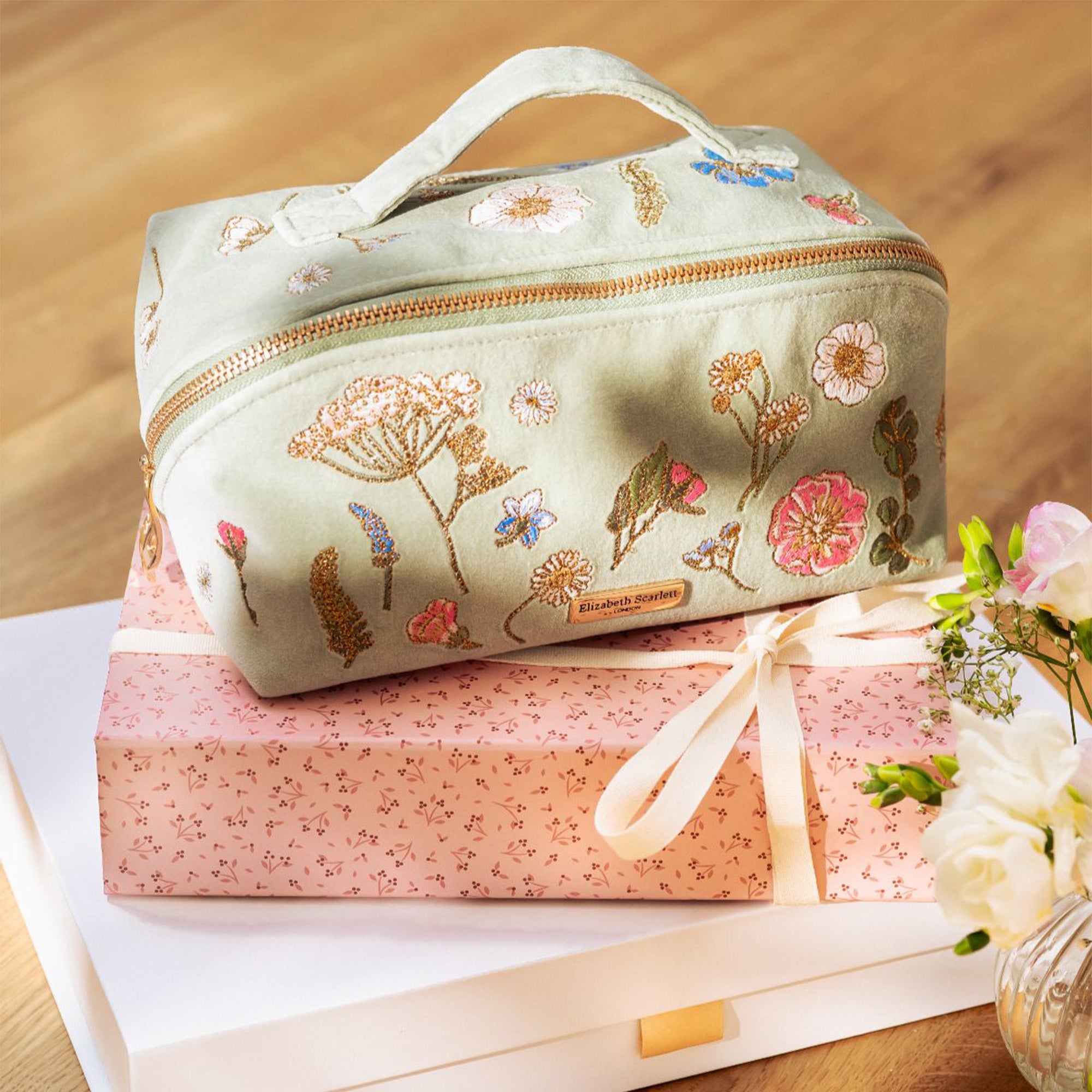 Pressed Flowers Sage Open Flat Makeup Bag - Whistlefish