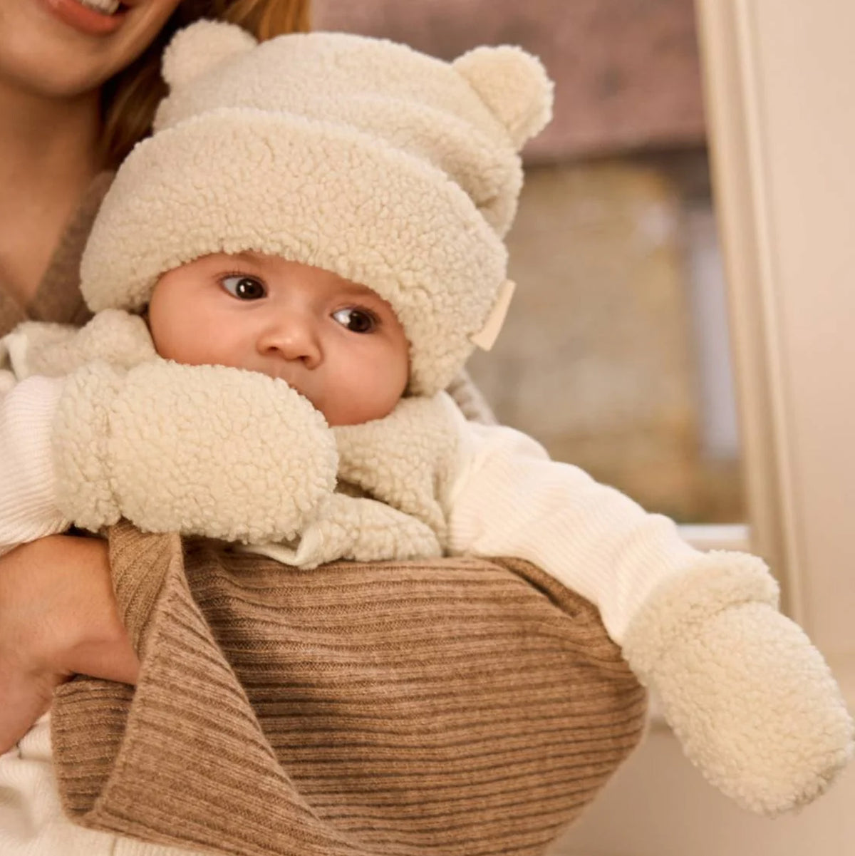BA0137 - Borg Baby Hat And Mittens in Off White