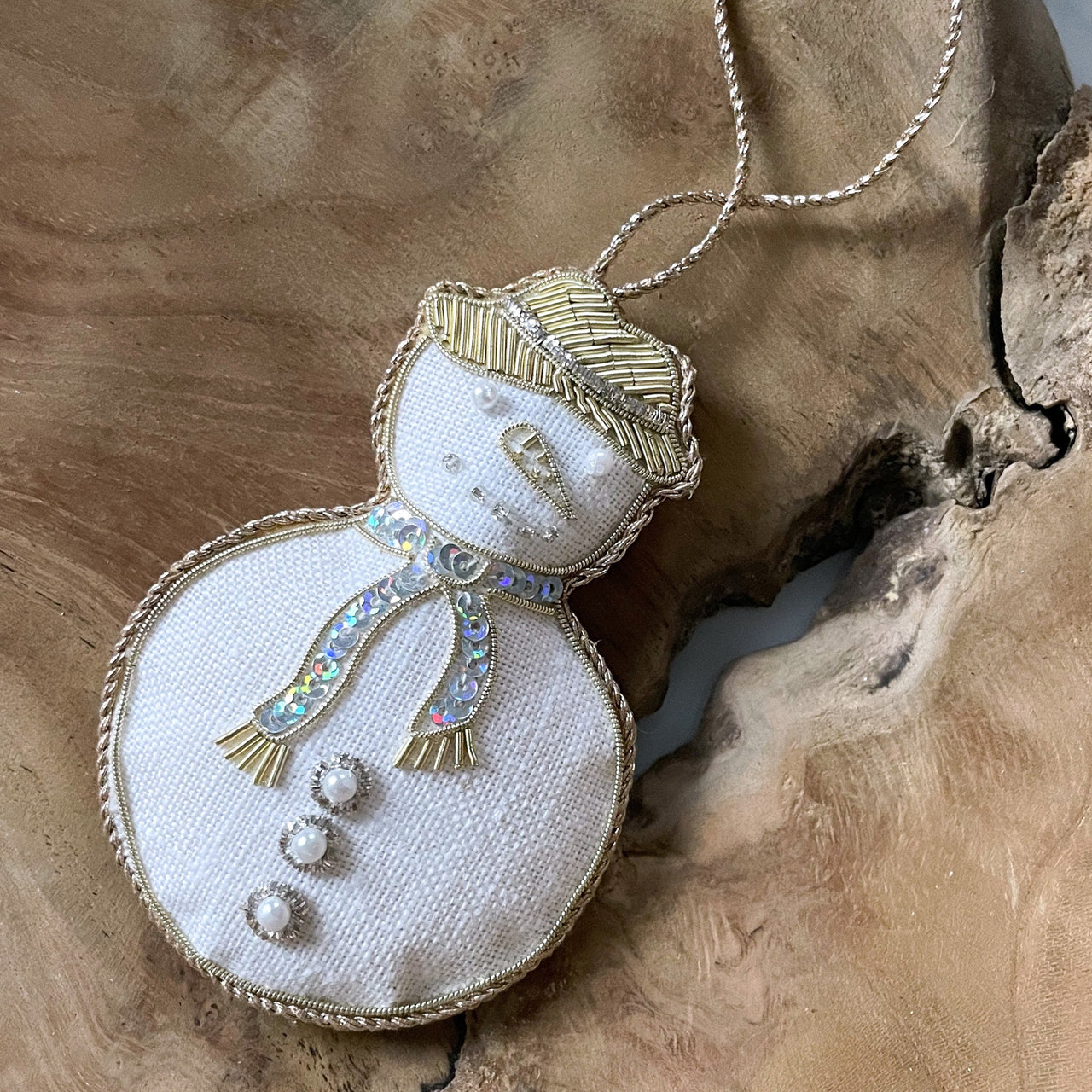 DSNWMAN01WHT1 - Handmade White Linen Snowman Holiday Tree Ornament