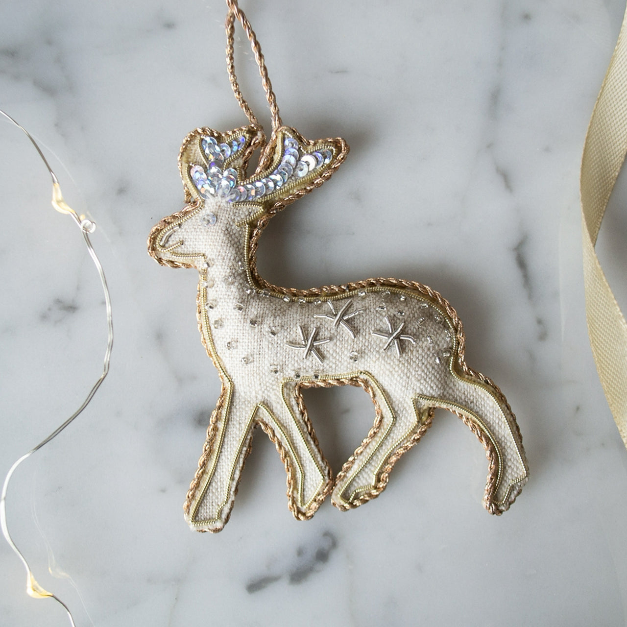 DRENDEER01NATL - Handmade Oatmeal Irish Linen Reindeer Holiday Ornament