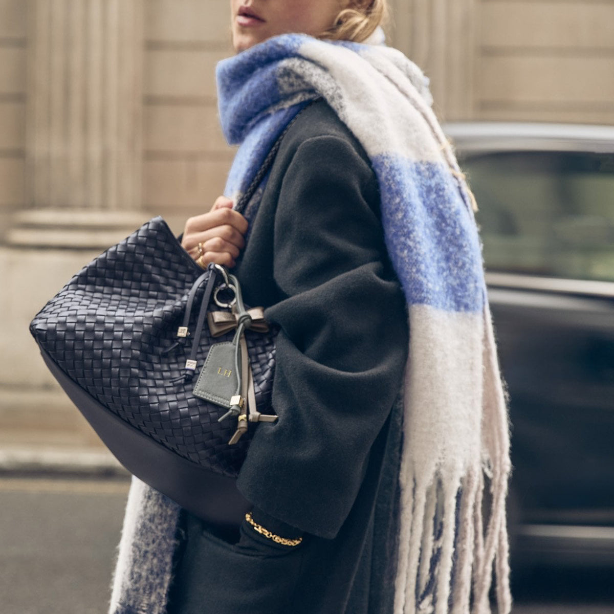 KLS850 - Checked Blue and Grey Tassel Scarf