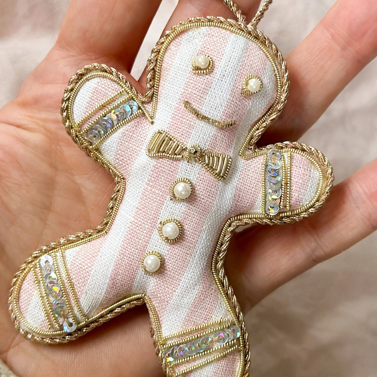 DGNGERBREAD01PNKWHT1 - Handmade Pink Stripe Linen Gingerbread Christmas Decoration