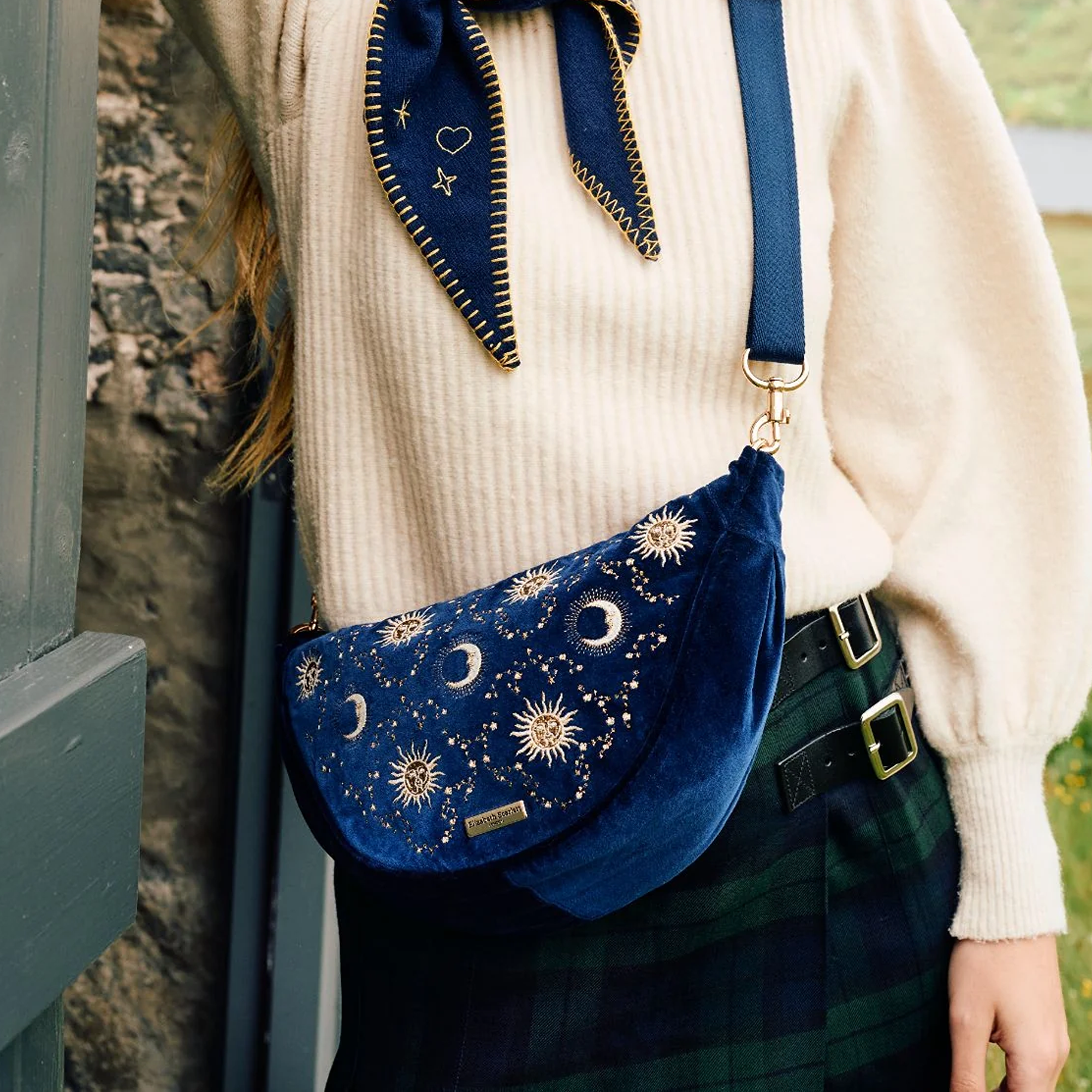 19020 - Celestial Sun & Moon Velvet Crossbody Bag