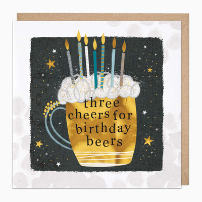 3 Cheers For Birthday Beers greeting card featuring a golden beer mug with candles on a dark starry background and envelope.