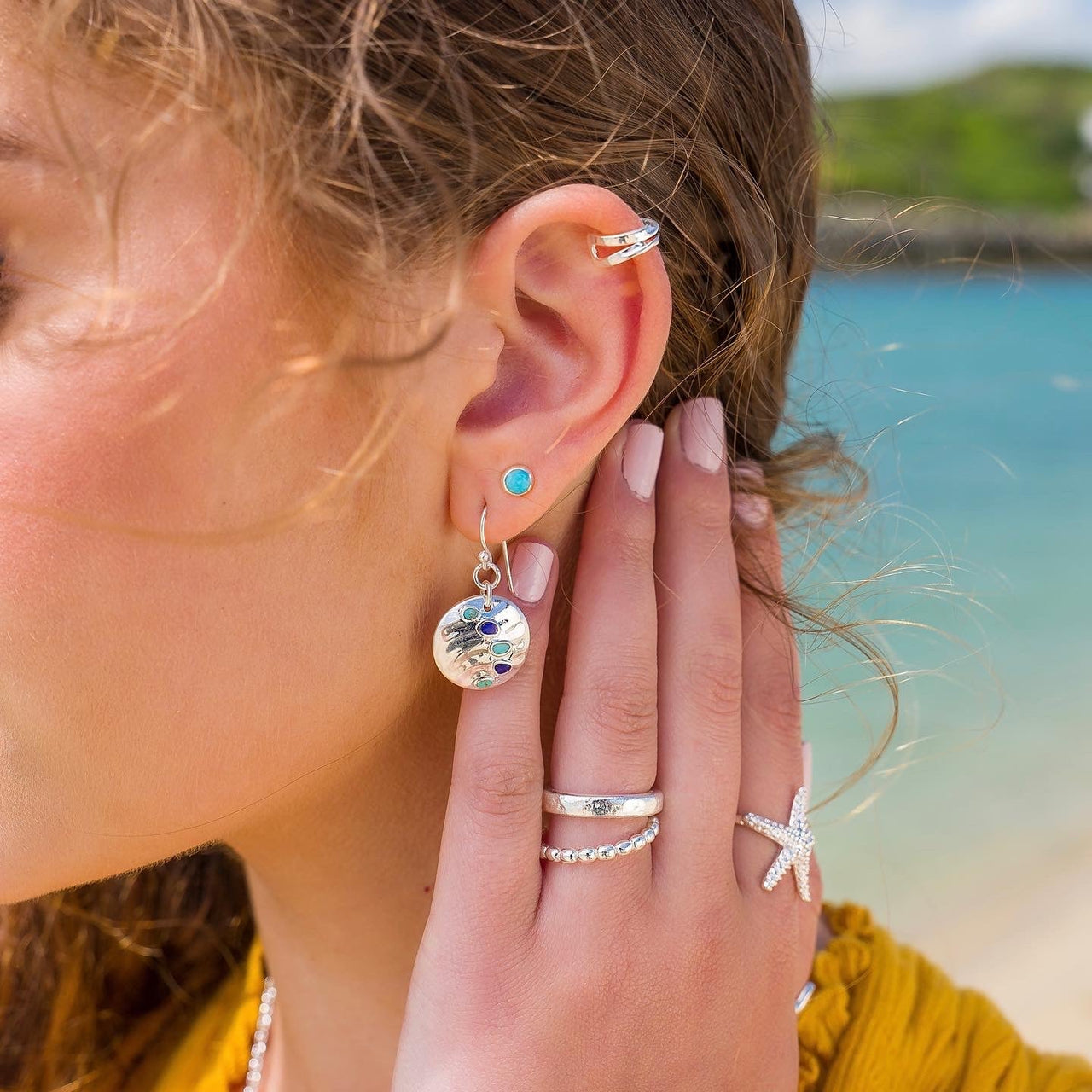 Earrings-3775TQA - Round Turquoise Silver Stud Earrings-Sea Gems