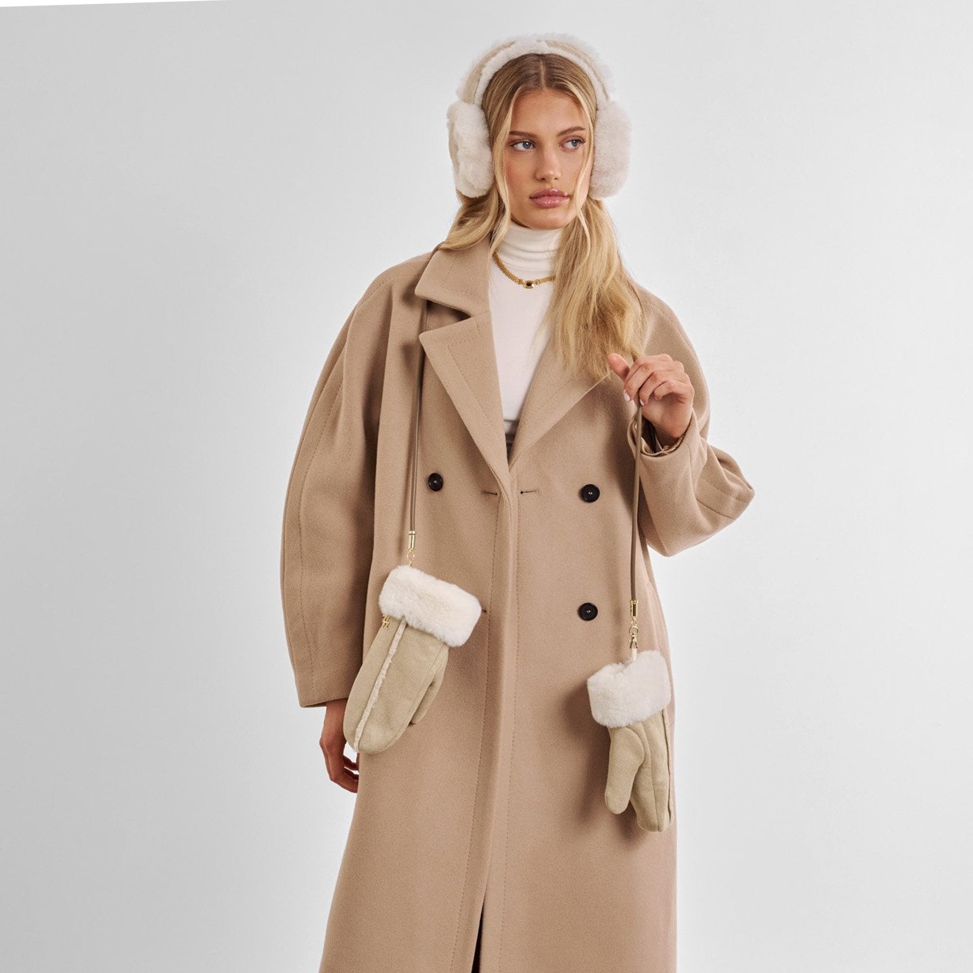 KLS883 - Faux Suede Mittens in Taupe and Cream
