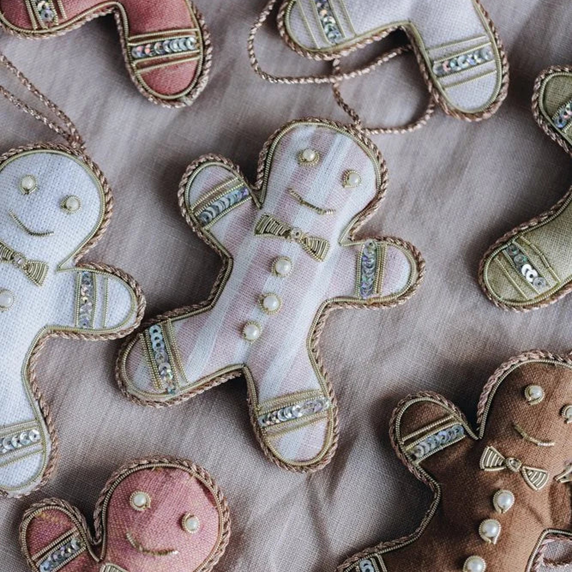 DGNGERBREAD01PNKWHT1 - Handmade Pink Stripe Linen Gingerbread Christmas Decoration