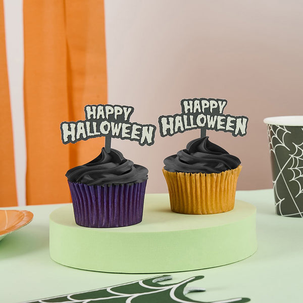 HBRH110 - Glow In The Dark 'Happy Halloween' Food Picks, Pack of 12