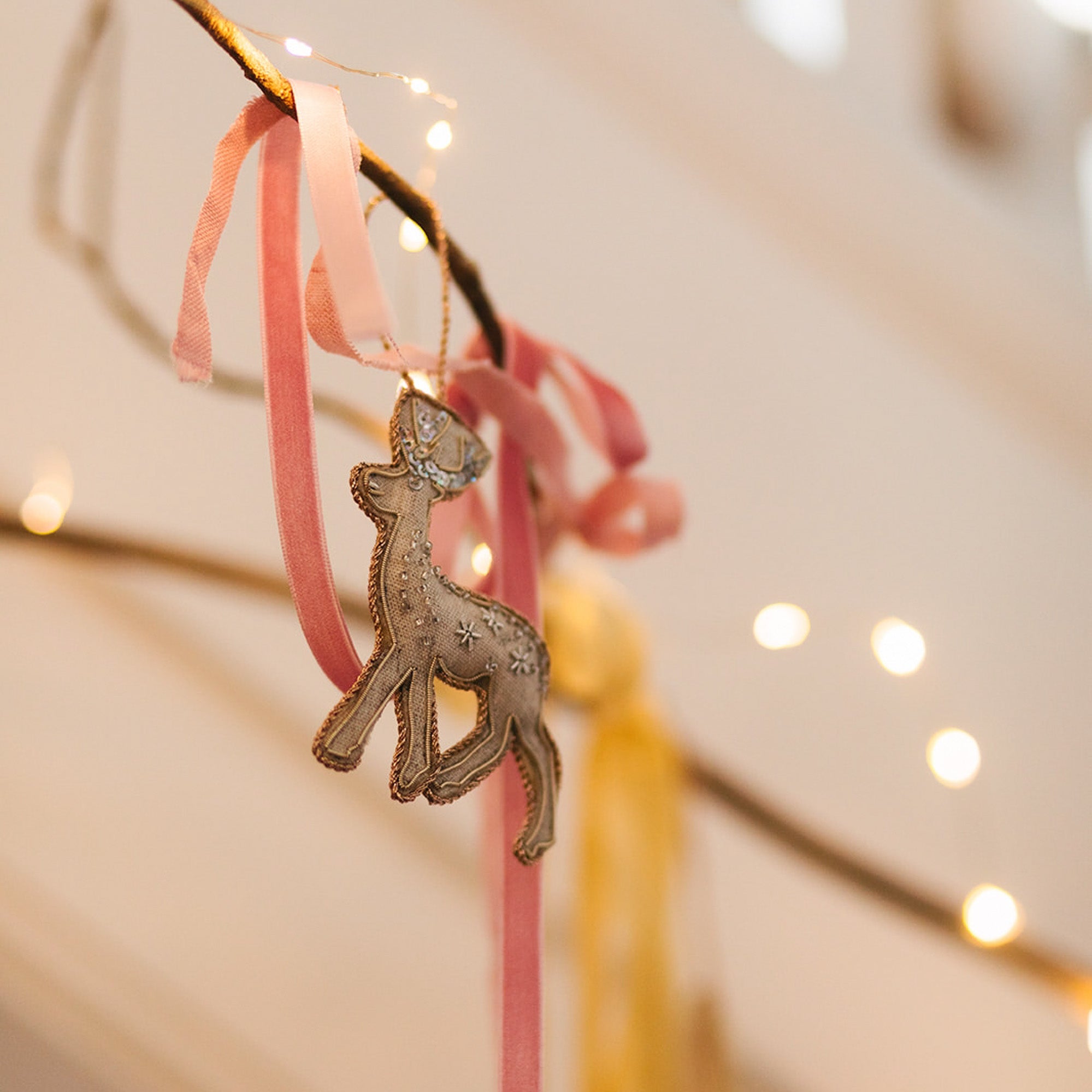 DRENDEER01NATL - Handmade Oatmeal Irish Linen Reindeer Holiday Ornament