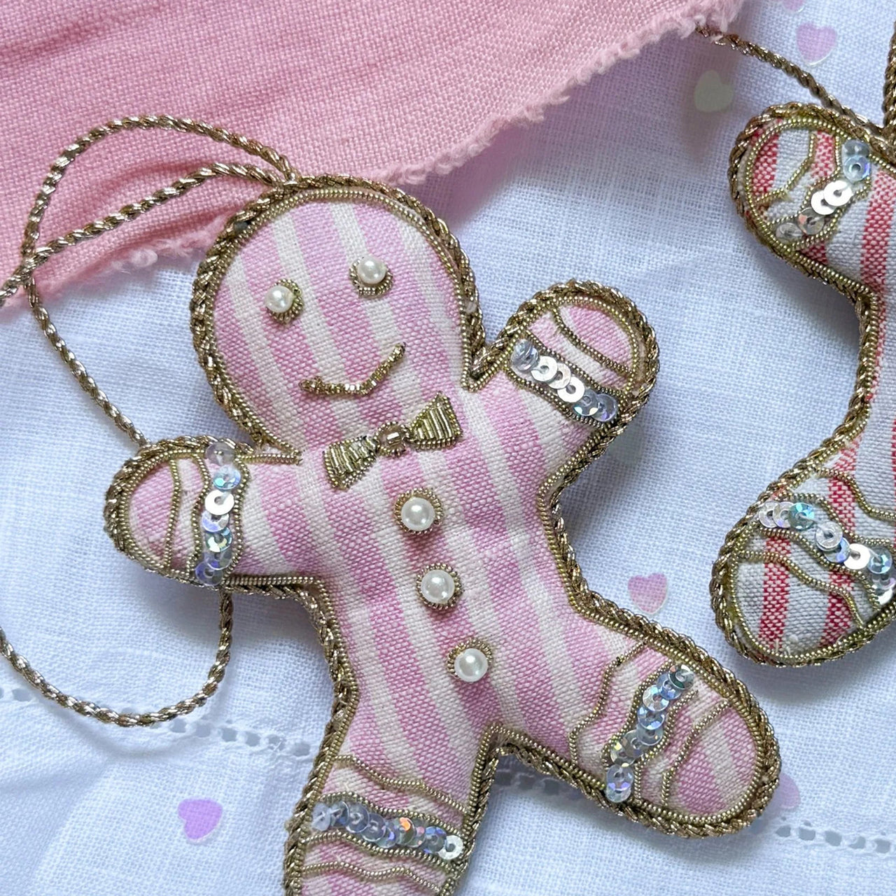DGNGERBREAD01PNKWHT1 - Handmade Pink Stripe Linen Gingerbread Christmas Decoration