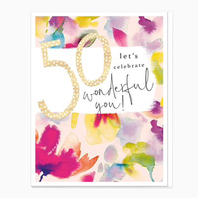 50 Lets Celebrate birthday card with a large polka dot number 50 over a colourful watercolour floral background.