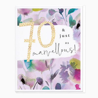 70 & Marvellous birthday card featuring a gold polka dot number 70 against a purple and green watercolour floral background.