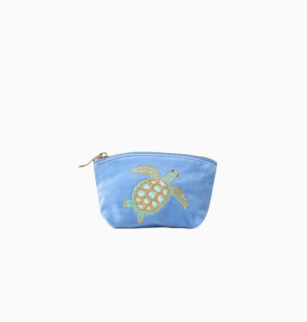 Coin Purse-71823 - Swimming Turtle Blue Velvet Coin Purse-Elizabeth Scarlett