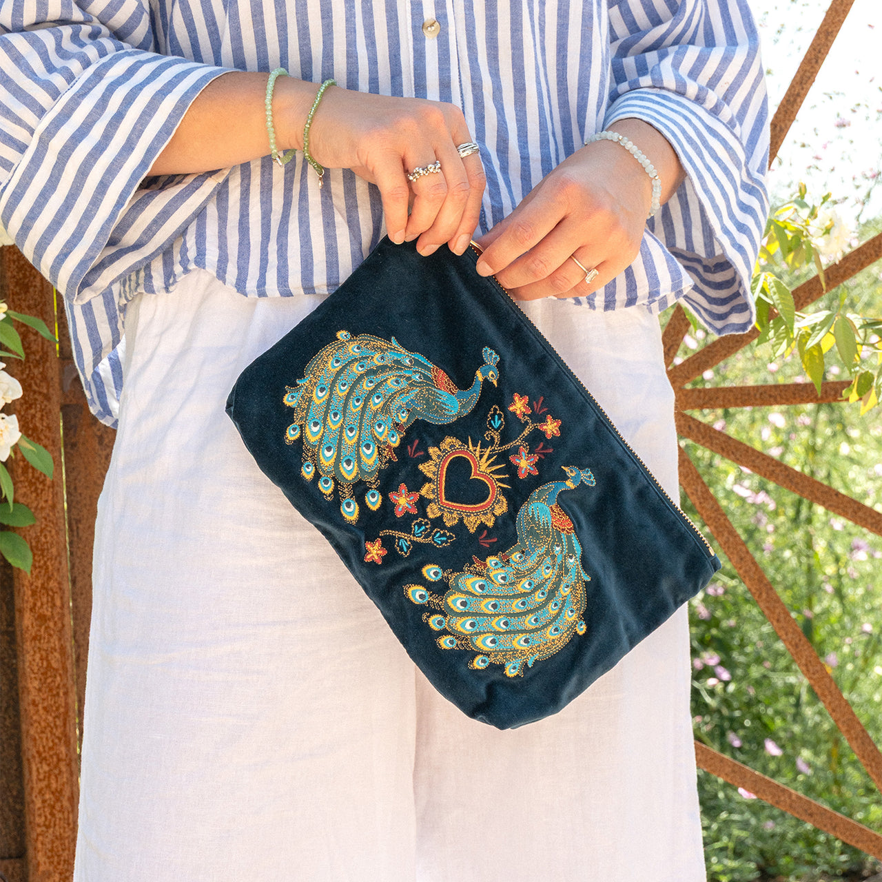 Pouch-86582 - Peacock Floral Velvet Everyday Pouch-Elizabeth Scarlett